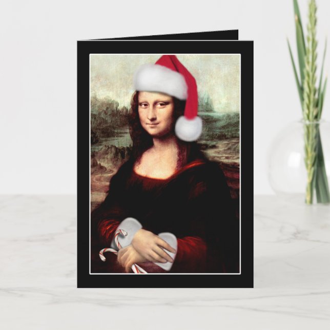 Cartão De Festividades Mona Lisa Santa Hat Natal (Frente)