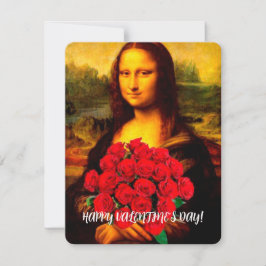 Cartão De Festividades Mona Lisa segurando Dia de os namorados rosa verme