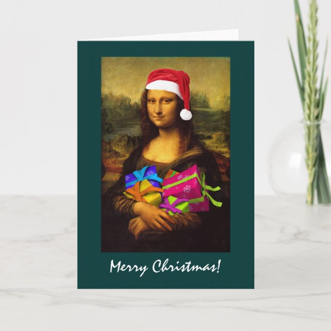 Cartão De Festividades Mona Lisa Vem Como Papai Noel (Frente)