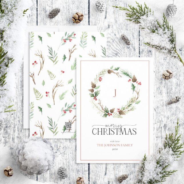 Cartão De Festividades Monograma Berry Pinecone Wreath Feliz Natal (Criador carregado)