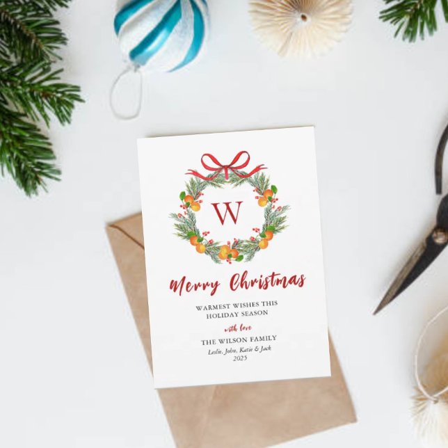 Cartão De Festividades Monograma Citrus Wreath Non Photo Christmas (Criador carregado)