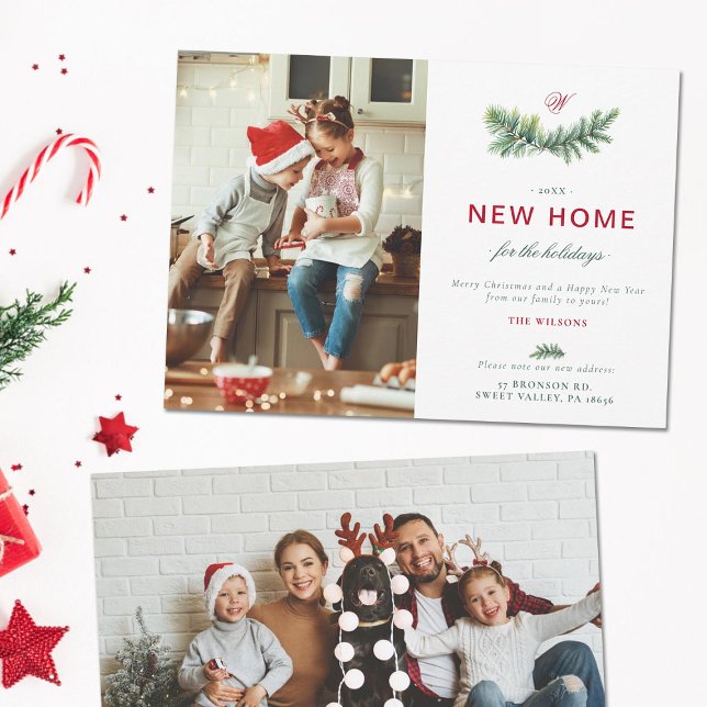 Cartão De Festividades Monograma de Família para Nova Casa Elegante de Ab (new home moving announcement address change family holiday card christmas green red spruce elegant)