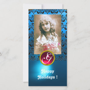 Cartão De Festividades Monograma de Red Ruby Negra e AZUL