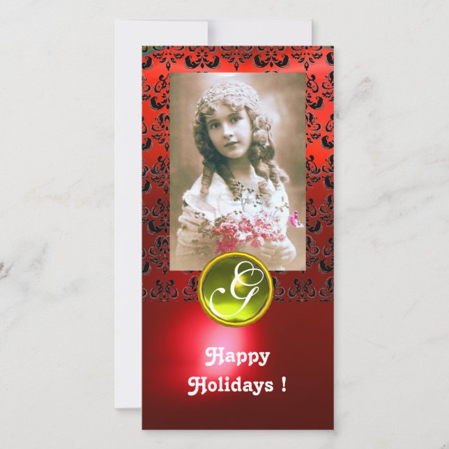 Cartão De Festividades Monograma de Topaz Amarelo Negra e DAMASK VERMELHA (Frente)