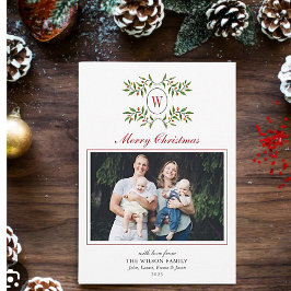Cartão De Festividades Monograma elegante com foto da família Greenery