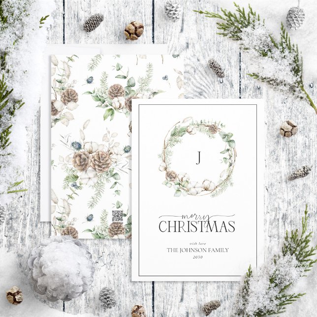 Cartão De Festividades Monograma Farmhouse Greenery Wreath Feliz Natal (Criador carregado)