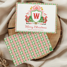 Cartão De Festividades Monograma Inicial de Aquarela Crista de Papai Noel