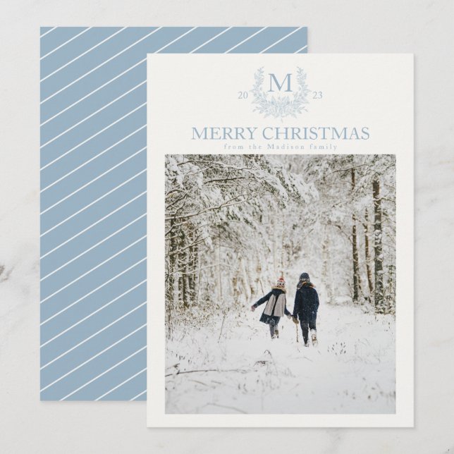 Cartão De Festividades Monograma russo Pewter Blue personalizado inicial (Frente/Verso)