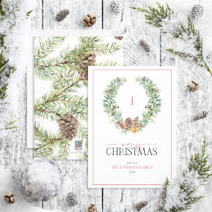 Cartão De Festividades Monograma Winter Cone Berry Wreath Feliz Natal