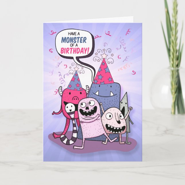 Cartão De Festividades Monstros de Cartoon Rosa e Púrpura de Aniversário (Frente)