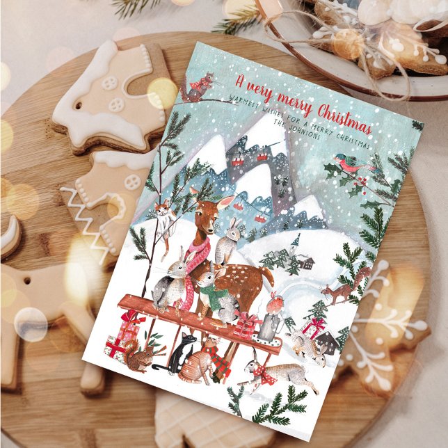 Cartão De Festividades Montanhas brancas de inverno, brancas, animais flo (Cute white winter mountains woodland animals holiday card)