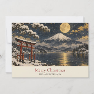Cartão De Festividades Monte Fuji Torii Vermelho Lua Dourada Neve Sobreno