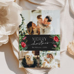 Cartão De Festividades Moody Cinza Modern Script 3 Foto Feliz Natal<br><div class="desc">Esta coleção apresenta florais vermelhos de aquarela,  bagas e verde de inverno com tipografia moderna e elegante,  com padrão botânico de inverno.</div>
