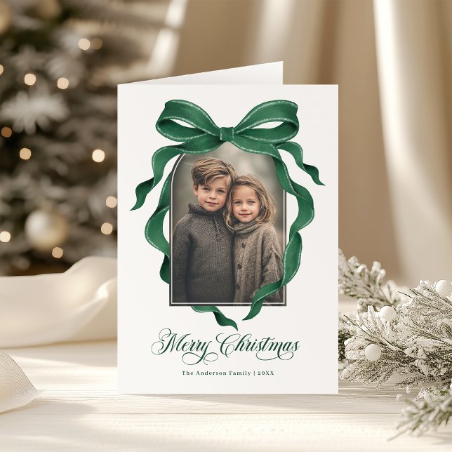 Cartão De Festividades Moody Green Bow Custom Photo Christmas Holiday (Criador carregado)