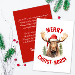 Cartão De Festividades Moso-de-Cristo Engraçado, alce-de-natal<br><div class="desc">Aceite o espírito de Natal com o nosso charmoso cartão de Natal, com um alce carinhoso a fazer um chapéu de Papai Noel na frente, acompanhado de uma saudação punny de "alce Cristo". Dentro, você encontrará um verso animador que captura a essência da estação com um pouco de trocadilho também....</div>
