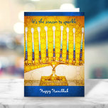 Cartão De Festividades Motivo de Menorah Amarelo para Chanucá Personaliza<br><div class="desc">"É a estação a brilhar. Feliz Hanukkah." Uma fotografia de perto de uma menorah brilhante, colorida, de arte amarela dourada ajuda-o a inaugurar o feriado de Chanucá. Sinta o calor e a alegria da época de férias sempre que você envia este cartão de saudação chanucá, incrivelmente colorido. Envelopes, adesivos, selos,...</div>