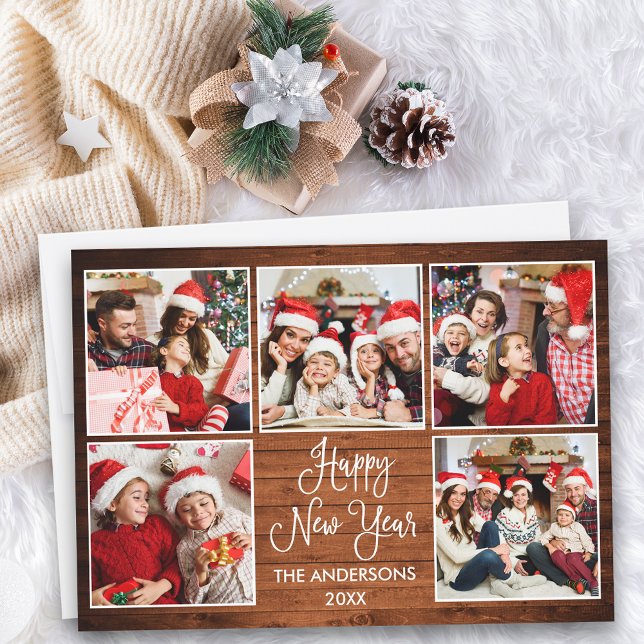Cartão De Festividades Movimento Moderno Caligrafia Madeira 5 Foto Ano No (Customize to add text to back of card.)