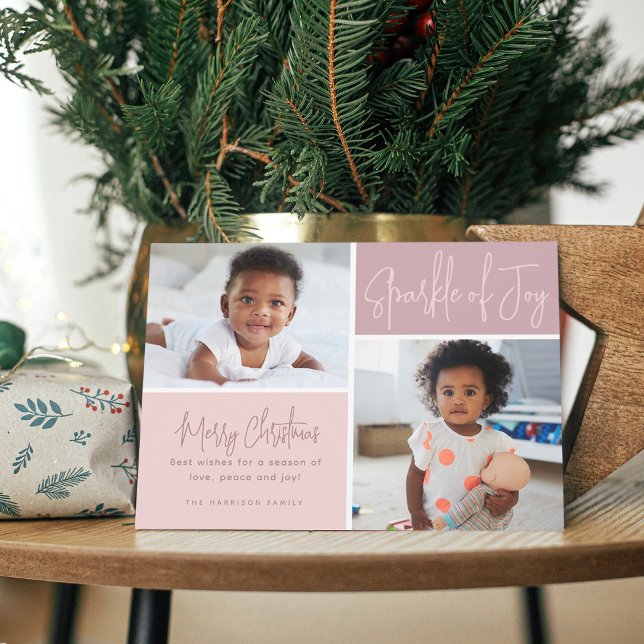 Cartão De Festividades Movimento Moderno da Caligrafia Joy 2 Fotos (Modern Calligraphy Sparkle of Joy 2 Photos Holiday Card)