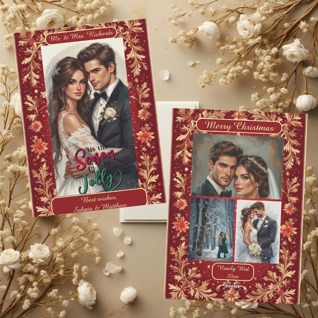 Cartão De Festividades Mr & Mrs Newly Wed Christmas Gold Foliage 4 Photos (Mr & Mrs Newly Wed Christmas Gold Foliage 4 Photos Holiday Card)