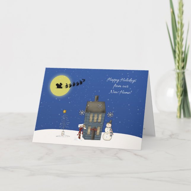 Cartão De Festividades Mudança de endereço, cena de neve, saudação de Nat (Frente)