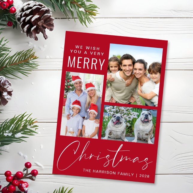 Cartão De Festividades Muito Feliz 3 Foto Vermelho Natal (This holiday season, let your family's smiles and heartwarming memories shine on our 3 photo card)