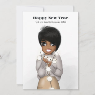Cartão De Festividades Mulher Afro-Americana Bonita Luzes de Natal