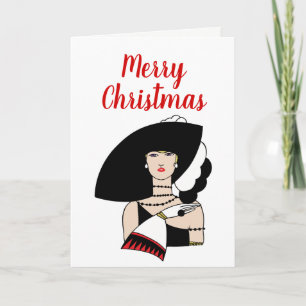 Cartão De Festividades Mulher Art Déco de Natal Usando Luvas de Chapéu Co