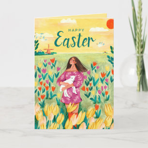 Cartão De Festividades Mulher bonita de primavera em campo de tulipas Pás