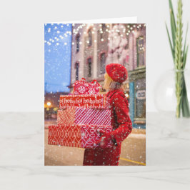 Cartão De Festividades mulher carregando presentes de Natal