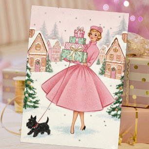 Cartão De Festividades Mulher de Natal Vintage Retro Com Cachorro Scotty