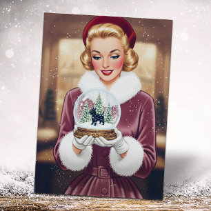 Cartão De Festividades Mulher de Natal Vintage Retro e Globo de Neve