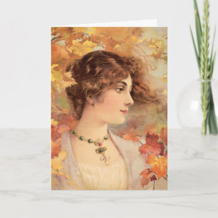 Cartão De Festividades Mulher de Outono Art Nouveau Impressão Folhagem Do