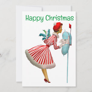 Cartão De Festividades Mulher do Natal vintage de 1950 com presentes