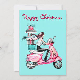 Cartão De Festividades Mulher do Natal vintage em uma scooter rosa