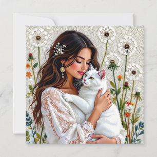 Cartão De Festividades Mulher e Gato Branco e Dente-de-Leão 