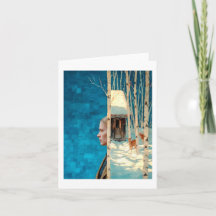 Mulher e veado na floresta de pássaros nevados por