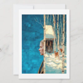 Cartão De Festividades Mulher e veado na floresta de pássaros nevados por