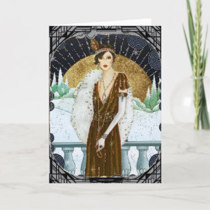 Cartão De Festividades Mulher Flapper de Natal com Vestido de Bronze dos 