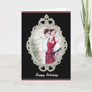 Cartão De Festividades Mulher Flapper de Natal em Vermelho Art Déco