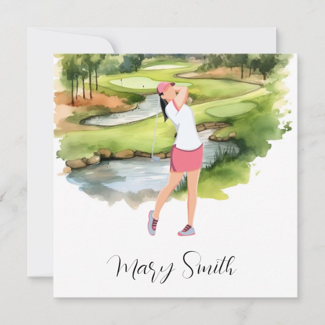 Cartão De Festividades Mulher Golfer está jogando golfe na aquarela do ca (Frente)