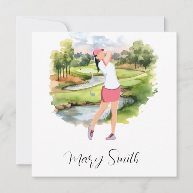 Cartão De Festividades Mulher Golfer está jogando golfe na aquarela do ca (Frente)