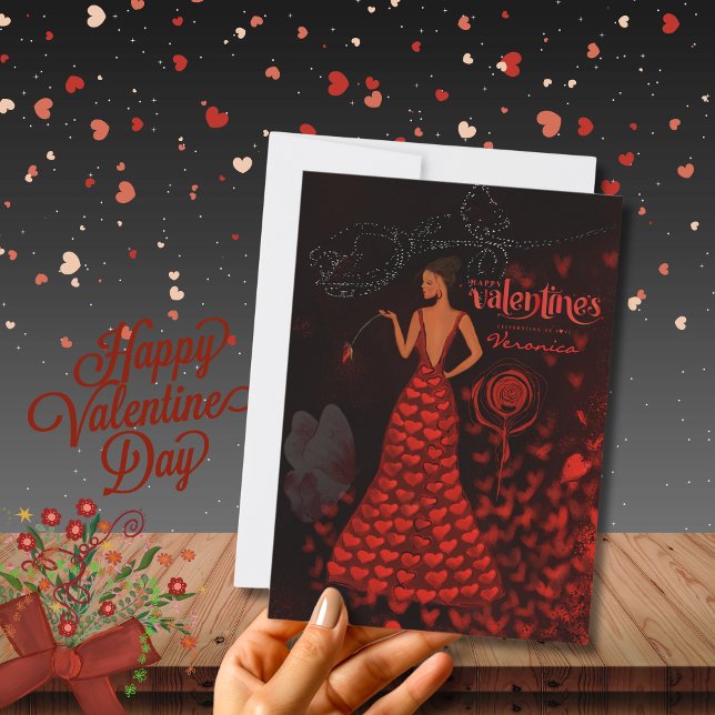 Cartão De Festividades Mulher na placa de Dia de os namorados de vestimen (Woman in Red Dress Valentines Day Card)