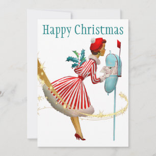 Cartão De Festividades Mulher Natal vintage de 1950 com presentes