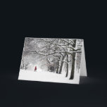Cartão De Festividades Mulher no casaco vermelho<br><div class="desc">Mulher no casaco vermelho na neve no parque de Greenwich</div>