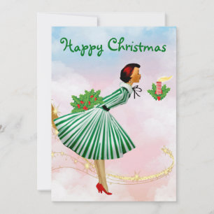 Cartão De Festividades Mulher no Natal vintage de 1950