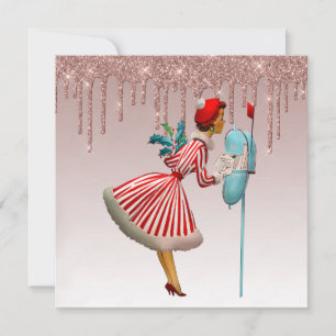 Cartão De Festividades mulher vintage 1950 rosa dourado gotejando ouro