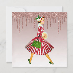 Cartão De Festividades mulher vintage 1950 rosa ouro dourado gotejante