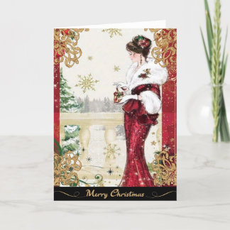 Cartão De Festividades Mulher Vintage dos Anos 1920 em Vestido Vermelho d