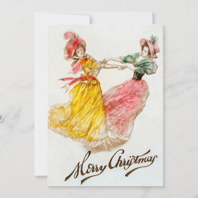 Cartão De Festividades Mulheres natais vintages Dançando (1900) (Frente)