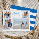 Cartão De Festividades Múltiplas Fotografias Náuticas Azul e Saudações<br><div class="desc">Capturar uma legal vibração náutica casual e costeira neste filho do mar de férias com a nossa coleção de natal de férias inspirada no litoral. Design apresenta um esquema de quatro fotografias para mostrar as suas belas fotografias de família e fotografias de férias. "Seas e Saudações" foi desenhado em um...</div>